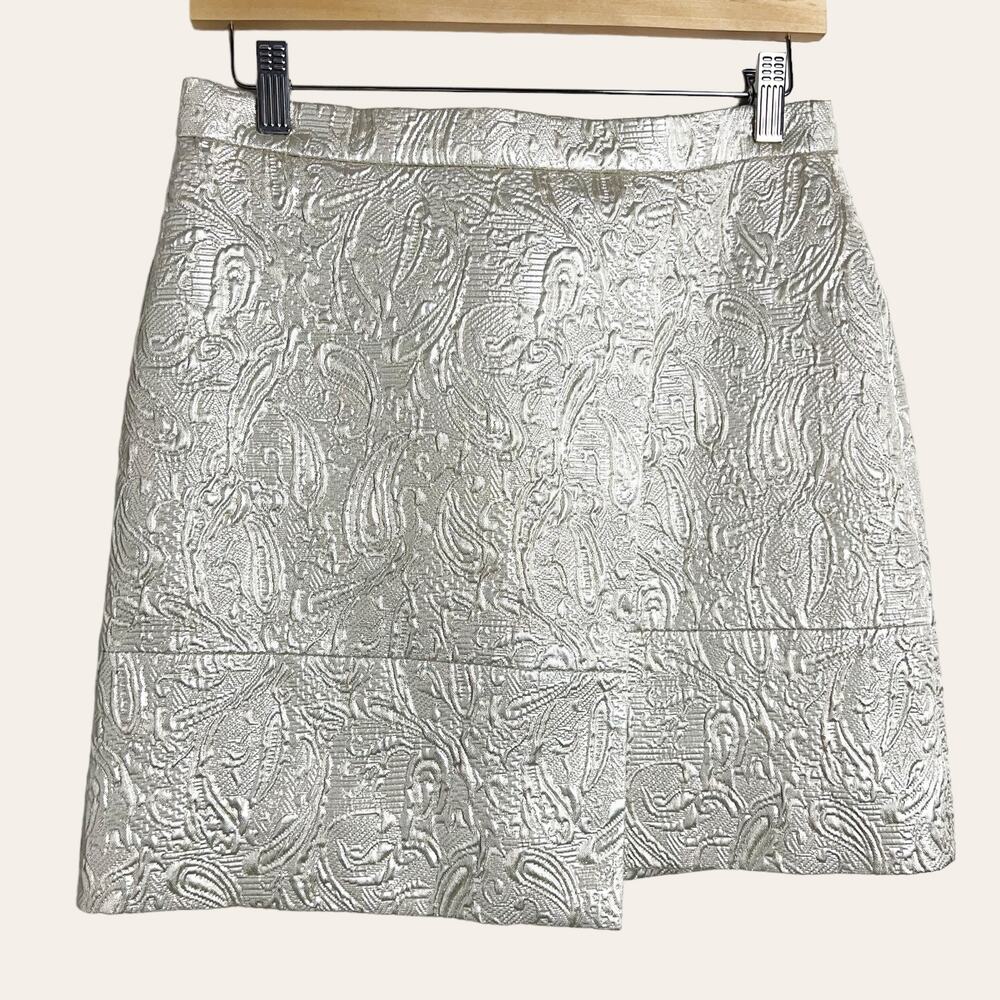 J.Crew Origami Metallic Silver Matelasse Wrap Mini Skirt Size 2